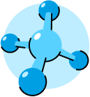 A simple illustration of a blue molecular structure with a central larger sphere and four smaller spheres connected by lines, set against a light blue background.