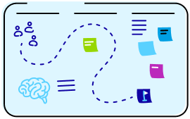 Illustration of a brainstorming process with a brain, sticky notes, and a dotted path connecting ideas and groups.