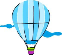 Blue hot air balloon with vertical black lines, floating in the sky with two stylized clouds. The balloon has a purple and green base, conveying a sense of adventure.