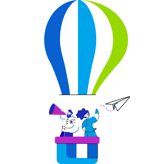 Illustration of two people in a striped blue, green, and white hot air balloon. One holds a megaphone, the other launches a paper airplane