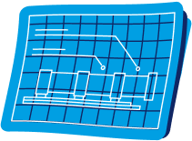 Stylized blue data chart with vertical bars and an overlaying line graph.