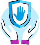 An illustration of a shield with a hand symbol, supported by two hands, representing protection and safety.