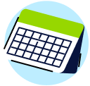 A flat illustration of a calendar icon with a green header and a grid layout of white squares on a dark blue background, set against a light blue circle.