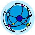 Illustration of an atom with a dark blue nucleus at the center, surrounded by orbiting electrons in pink, green, and light blue, all set against a light blue background.