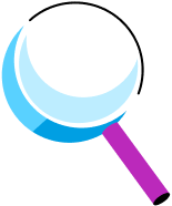 A stylized magnifying glass icon with a light blue lens and a purple handle.