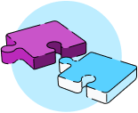 Two puzzle pieces, one purple and one blue, fit together against a light blue circle, symbolizing connection and collaboration.