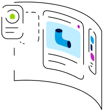 Stylized digital interface with a green icon on the left and a blue graphic resembling a pipe in a central panel, accompanied by colorful icons on the right.