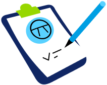 A clipboard with a blue paper, featuring a pie chart and a checkmark, is being marked by a blue pen. The tone is professional and organized.