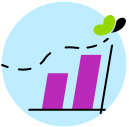 Colorful infographic showing a bar graph in purple with an upward trend line and a green minimalistic butterfly on a light blue background.