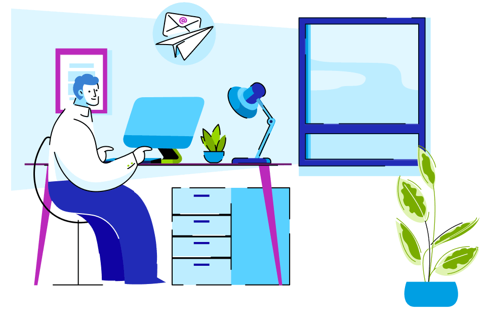 A person with blue hair sits at a modern desk working on a computer in a bright home office. There is a desk lamp, a small plant, and a window in the background.