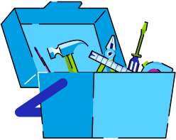A light blue toolbox with its lid open, displaying various tools such as a hammer, pencil, protractor, screwdriver, and tape measure.